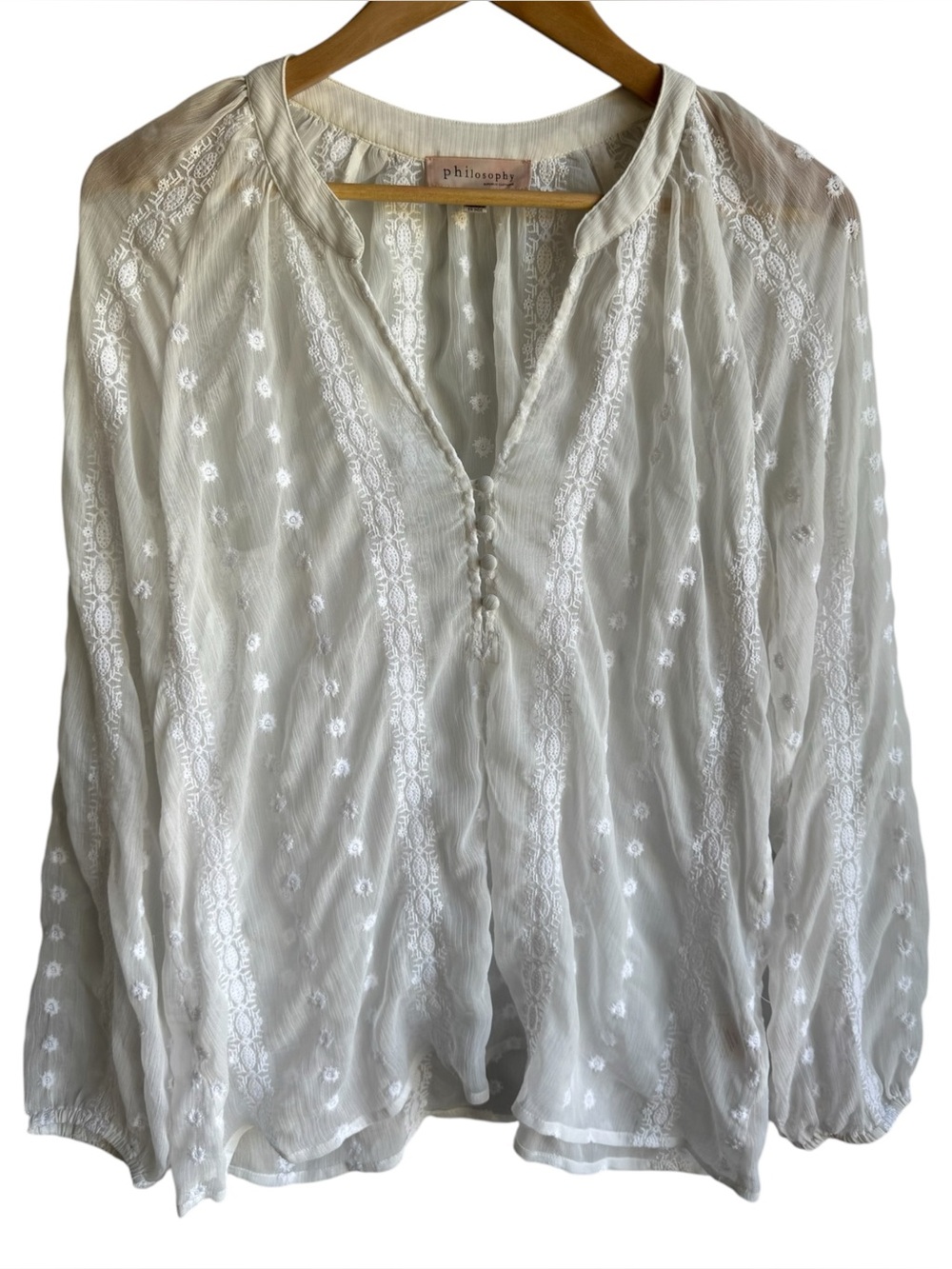 Philosophy Sheer Prairie Top Sz Small White Cottagecore Long Sleeve Shirt Blouse